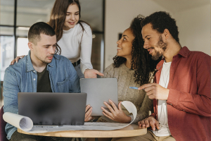 Professional men and women working together
