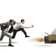 cut to the chase header image. image of two men chasing another in a rocket box