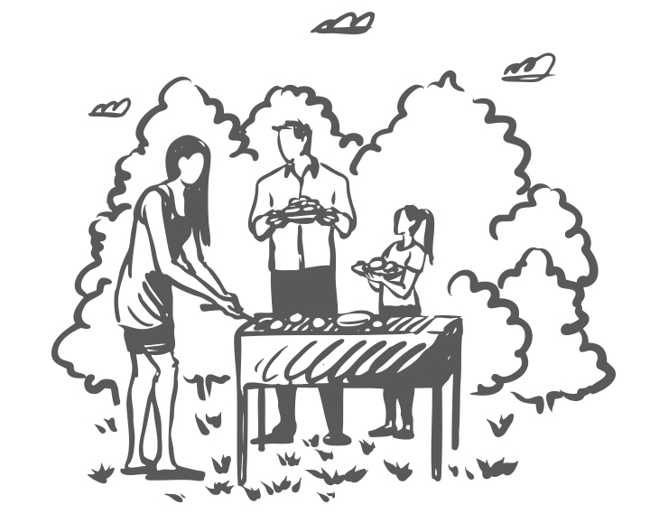 starting a conversation at a BBQ illustration of people by a BBQ grill conversing.