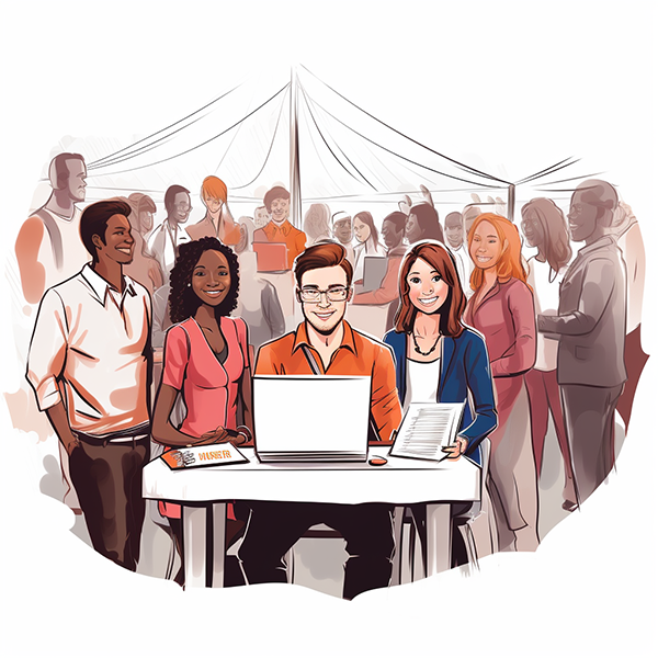 illustration of students at a career fair for an elevator pitch